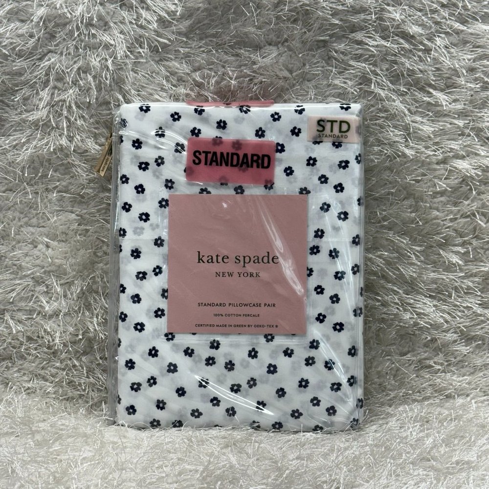 Kate Spade New York Standard Pillowcase Pair Navy Flowers on White 100% Cotton